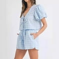 thumbnail image 3 of Hauaitttt Women Peplum Shirt Shorts Set Two Piece Set Pajamas Sets Puff Sleeve Tie Front Top 2pcs Outfits Set Shorts Two Piece Outfits Two Piece Summer Clothes for Women Bathing Suits Tops for Women, 3 of 8