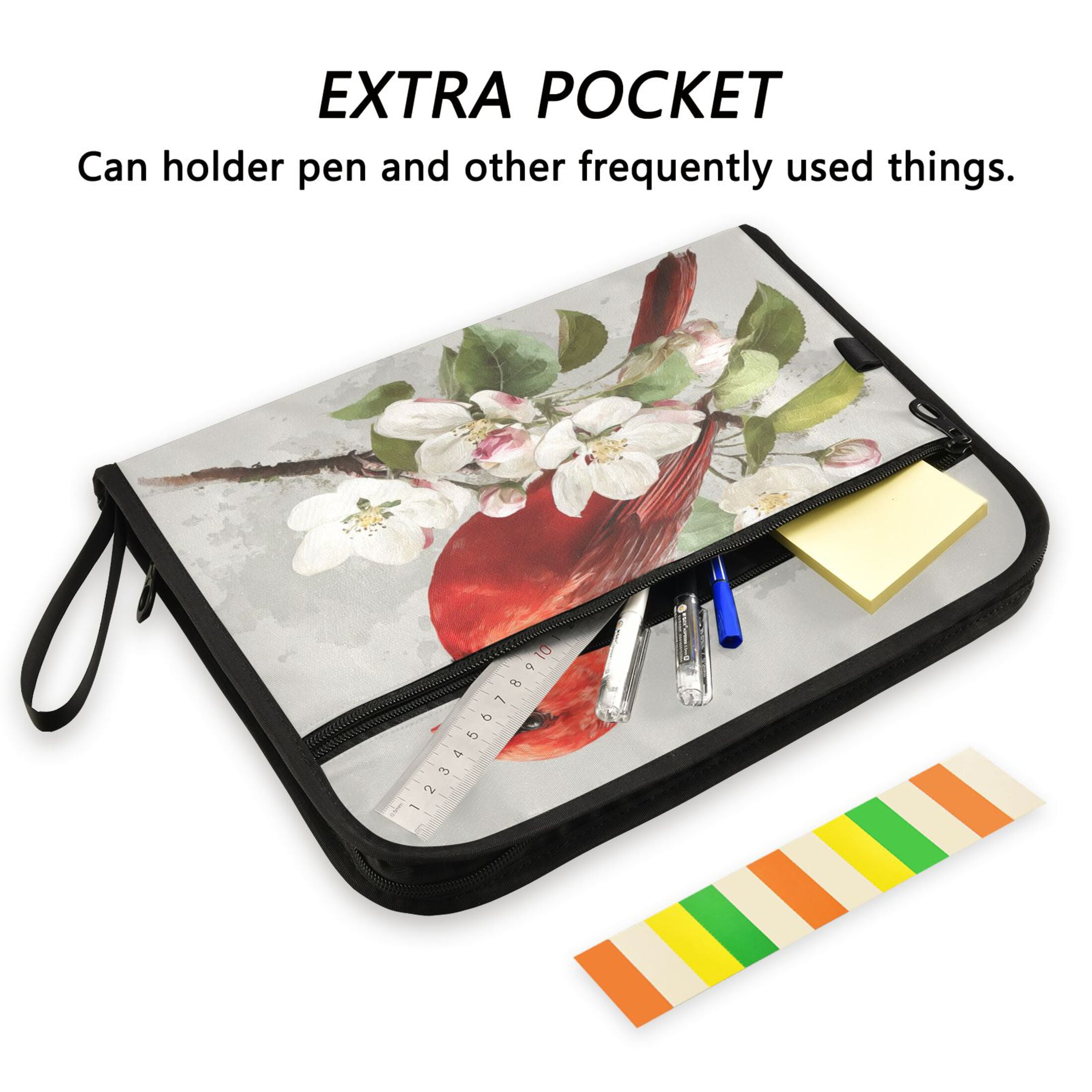 Accordion File Organizer with Zip Closure 13 Pockets Expanding File Folder Letter A4 Paper Document Organizer for Home Office Beautiful Red Bird