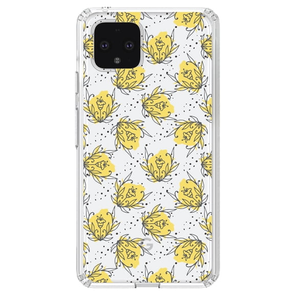 DistinctInk Clear Shockproof Hybrid Case for Google Pixel 4 (6.1" Screen) - TPU Bumper Acrylic Back Tempered Glass Screen Protector - Wildflower Yellow Graffiti