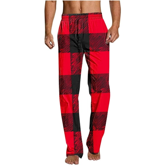 GuangCheng Mens Pajamas Red and Black Plaid Lounge Pants, Comfortable Sleepwear with Elastic Waist,Size:2XL