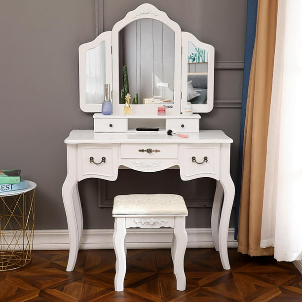 Ktaxon Tri Folding Mirror Vanity Set 5 Drawers Dressing Table Makeup Desk With Stool White Walmart Com Walmart Com