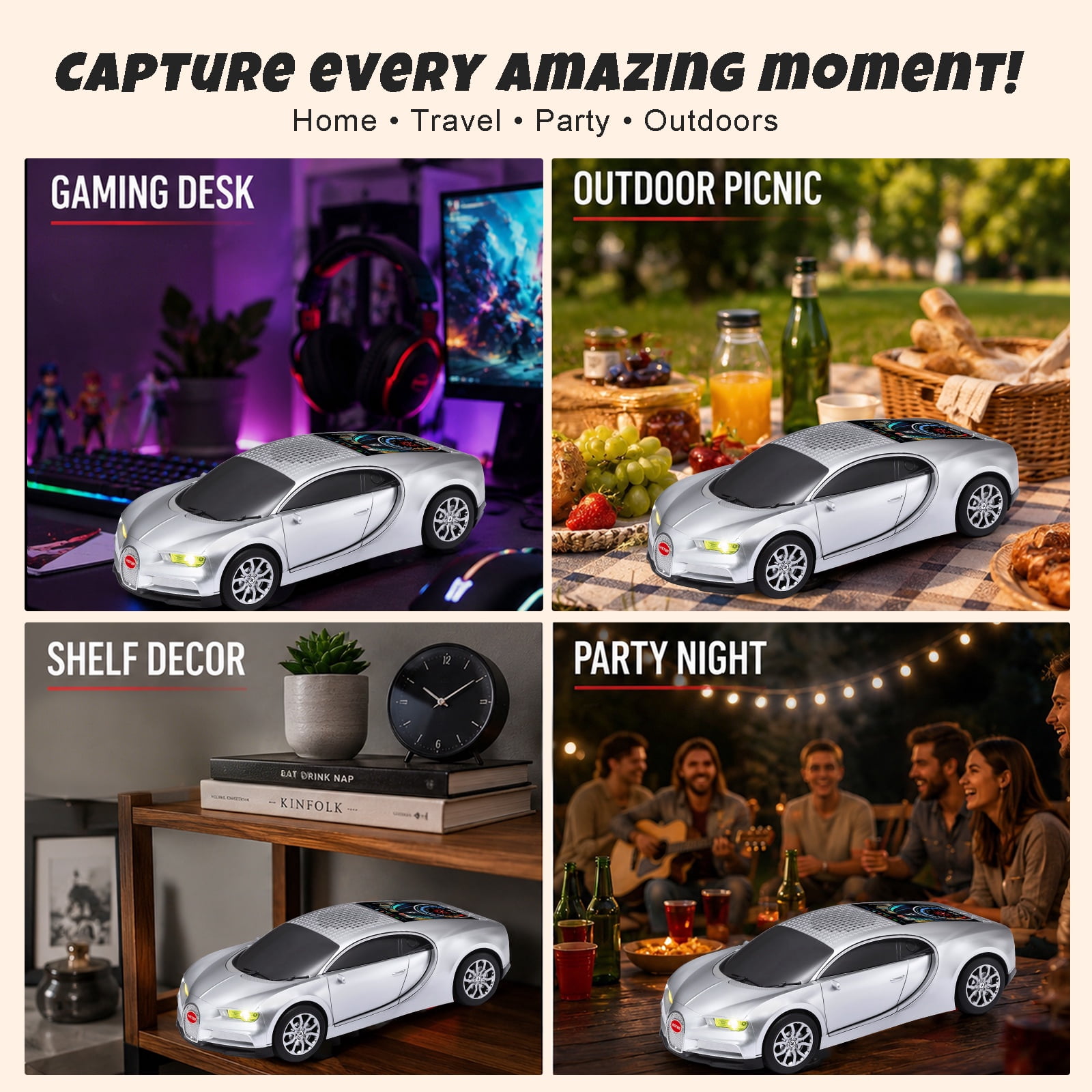 WSTER WS-660 portable Bluetooth speaker is a cool, car-shaped wireless speaker with LED lights, an FM radio, and TF card support.Suitable for desktop decorations/computer use/outdoor use/party use