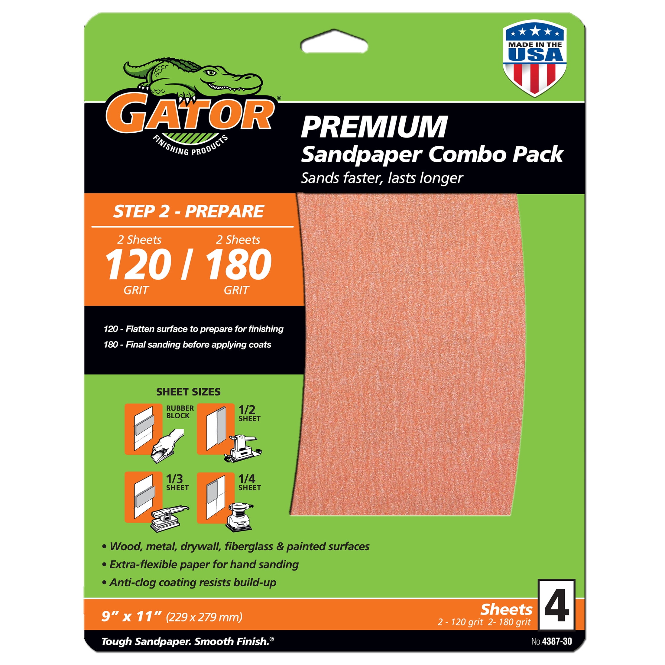 Gator Premium Multi-Surface Sanding Sheets 120/180 Grit 4 Pack