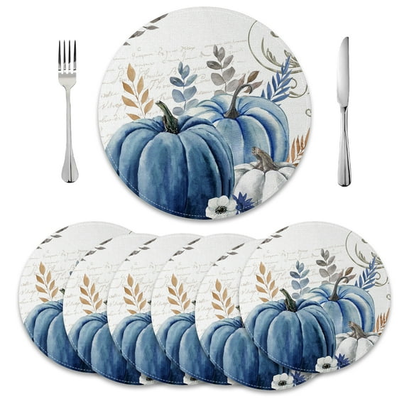 MIZHONA Fall Pumpkins Round Placemats Set of 6 Blue Pumpkins Table Mat 14 inch for Kitchen Dining Table Decoration