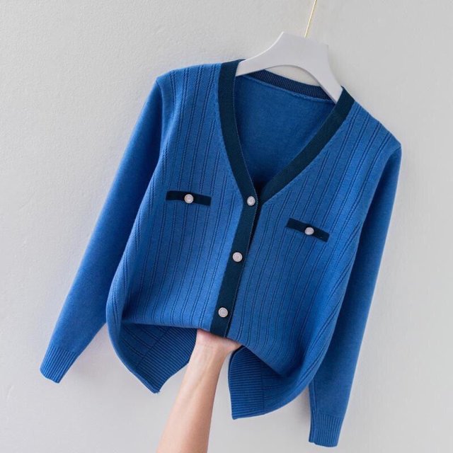 Suéter informal de cuello en V para mujer, ropa de moda para primavera e invierno, cárdigan elegante con contraste, blusa de oficina de manga larga, top suave y cómodo
