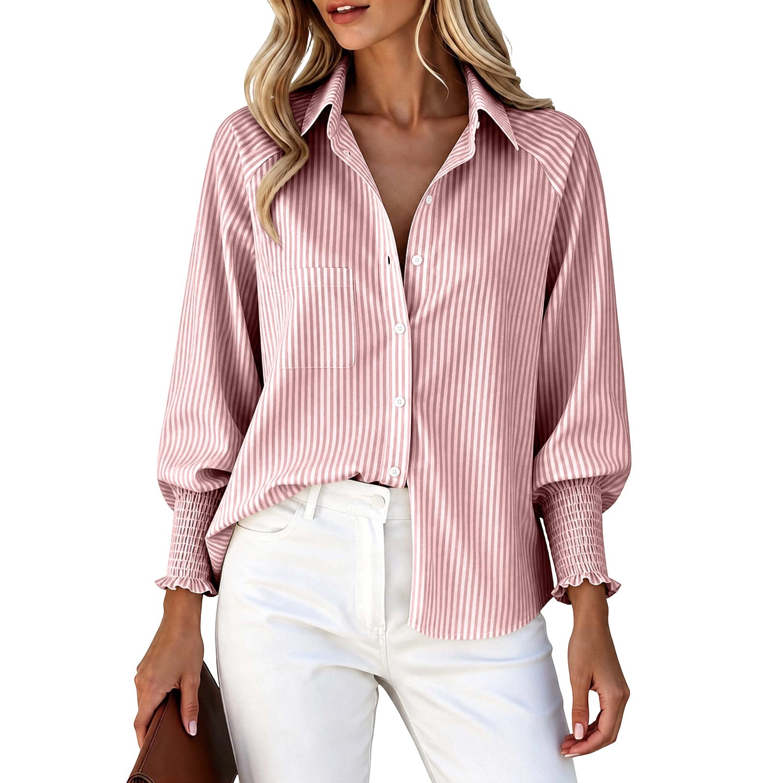 Women's Striped Button Up Shirts with Smocked Long Sleeve Lapel Collar Loose Fit Dressy Casual Trendy Blouses (XL, Pink)
