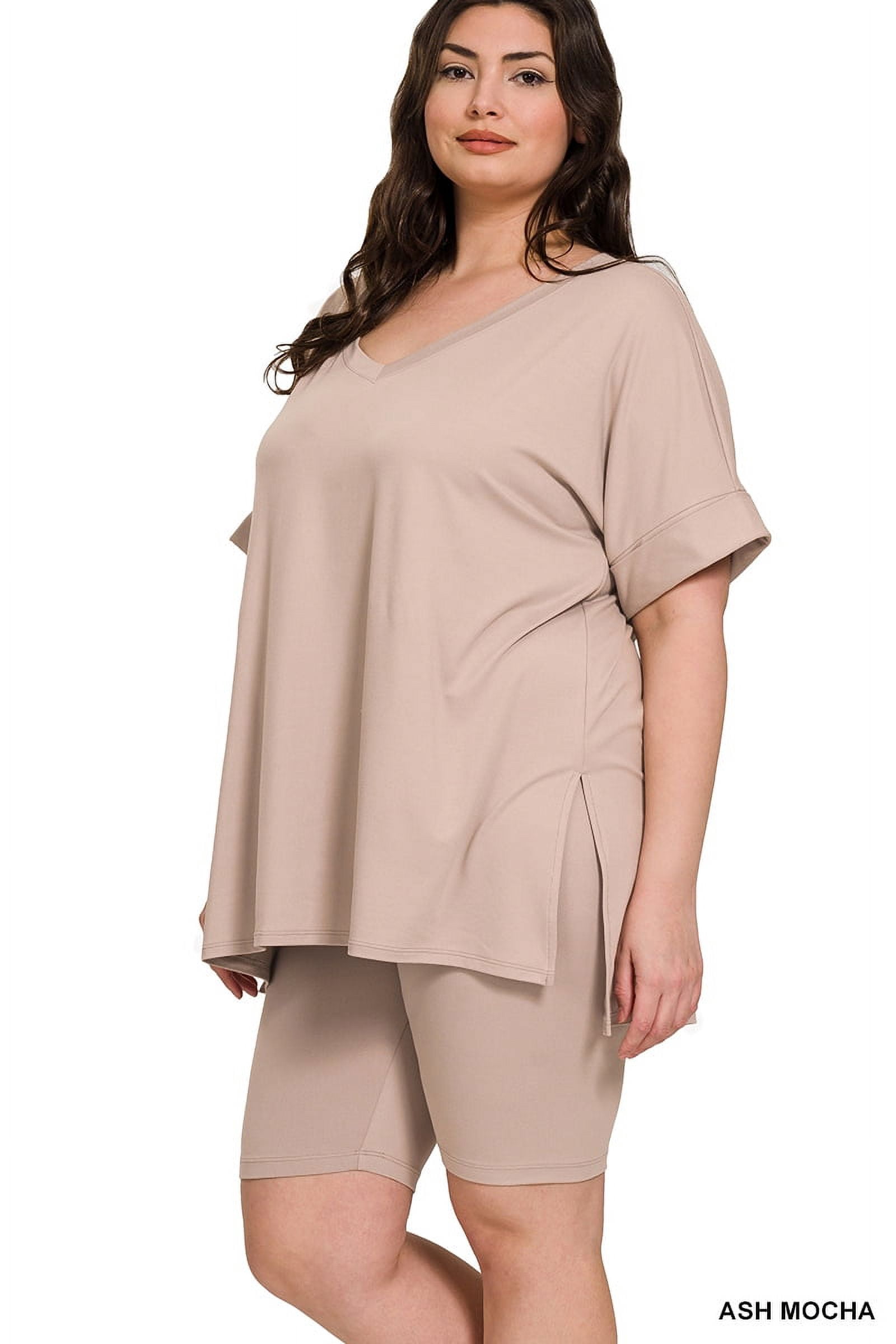 Zenana Women's Brushed DTY Microfier V-Neck Short Sleeve Hi-Low Hem & Biker Short Loungewear Set