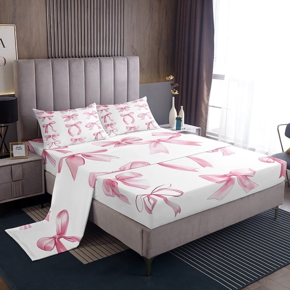 Erosebridal Kawaii Bow Tie Sheet Set Twin,Pink White Bedding Sets Twin Size,Ribbon Bowknot Twin Sheet Sets,Ultra Soft Cute Room Decor,3pcs