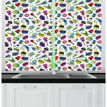 Ambesonne Retro Kitchen Curtains, Colorful Music Themed Print, 55"x39", Multicolor