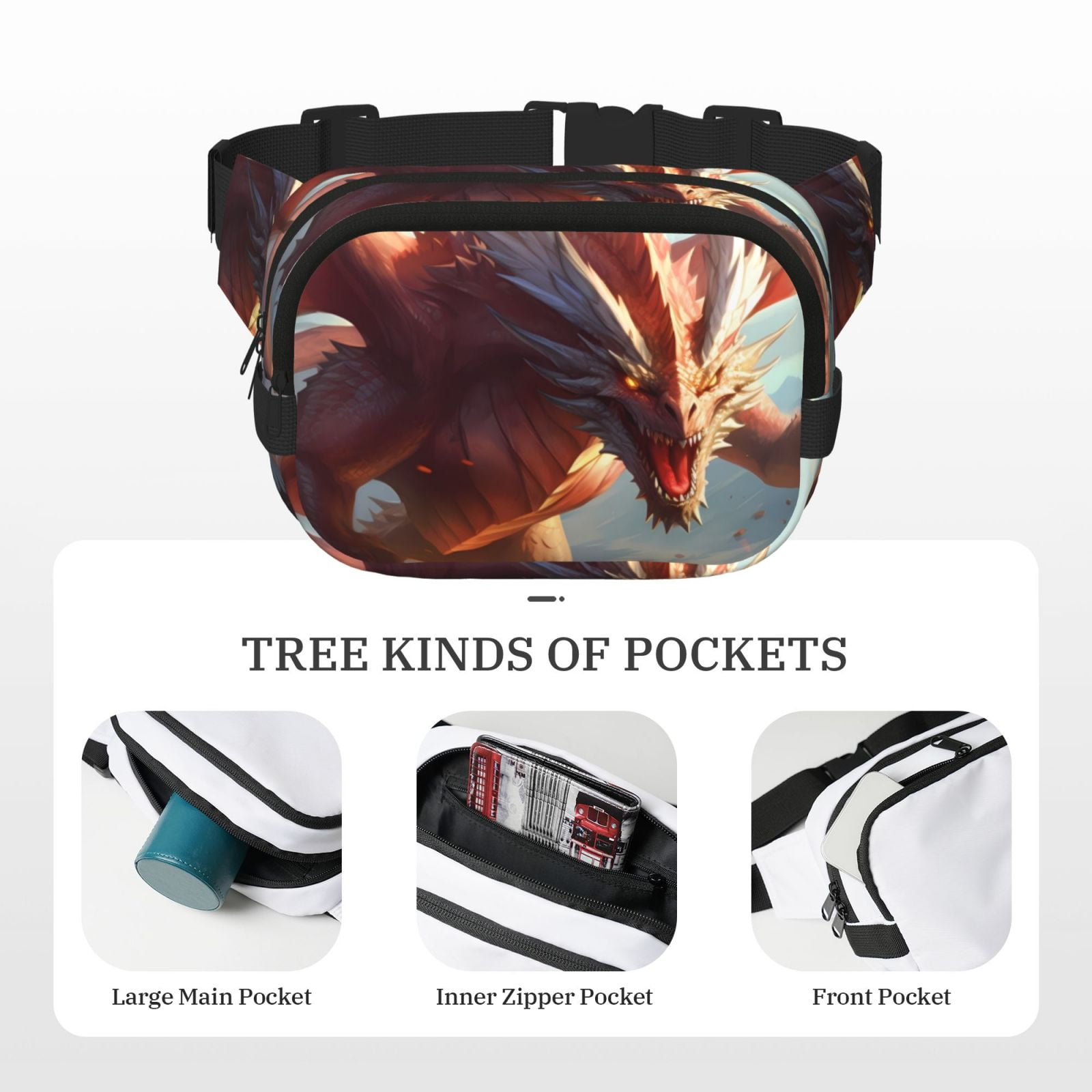 Picia Ferocious Dragon Fury Print Square Double-Layer Waist Bag Mini Adjustable Waist Belt Bag Exercise Running Travel Hiking