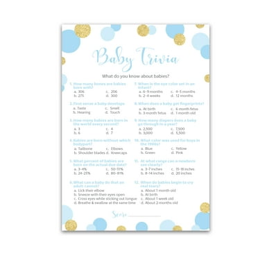 Blue and Gold Polka Dot Baby Shower Game — BABY TRIVIA Game — Pack of 25 — BOY Baby Shower Games, Fun Baby Facts Game, Baby Boy Shower Activity, Blue Polka Dots, Coed Co-ed Couples Shower G811-TRV