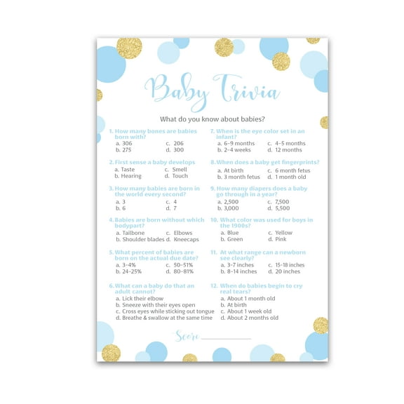 Blue and Gold Polka Dot Baby Shower Game — BABY TRIVIA Game — Pack of 25 — BOY Baby Shower Games, Fun Baby Facts Game, Baby Boy Shower Activity, Blue Polka Dots, Coed Co-ed Couples Shower G811-TRV