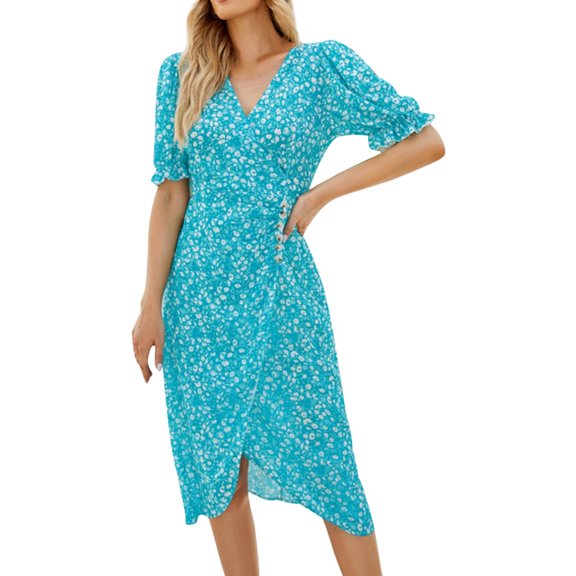 Women's Floral Wrap Dress Puffed Sleeve Pleated Casual Summer Boho Comfortable Stylish Elegant Feminine Outfit