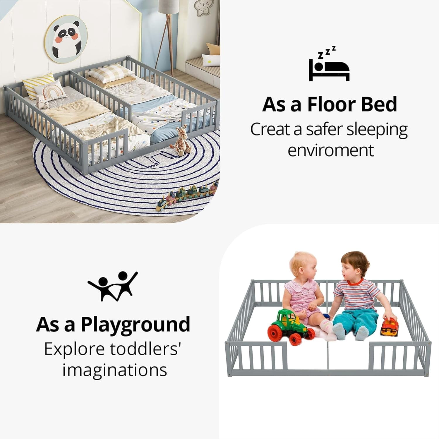 Kumix Double Floor Bed with Fence Guardrails, Wood Double Twin Floor Beds for Boys and Girls, Twins, Floor Bed for 1-3, Two Shared Beds, Adults Floor Bed, Easy Assembly, Gray