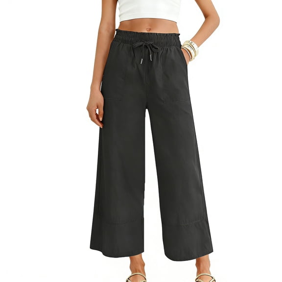 Alkepwun Wide Leg Pants Woman Linen Elastic High Waist Drawstring Casual Loose Trousers with Pockets Comfy Lightweight Breathable Palazzo Flowy Pant