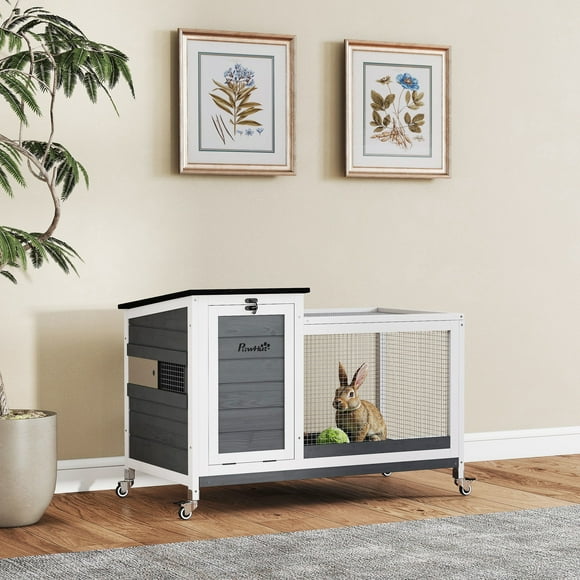 PawHut Wooden Rabbit Hutch with Tray, Indoor Outdoor Guinea Pig Cage, Grey