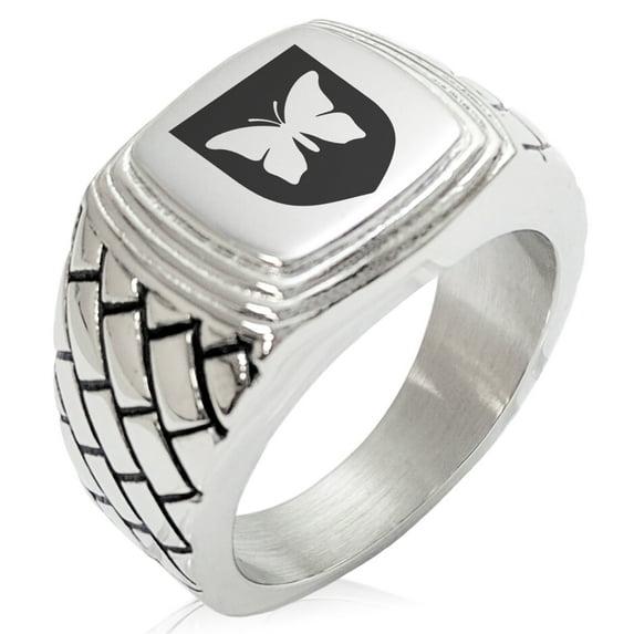 Stainless Steel Butterfly Free Spirit Coat of Arms Shield Geometric Pattern Step-Down Biker Style Polished Ring