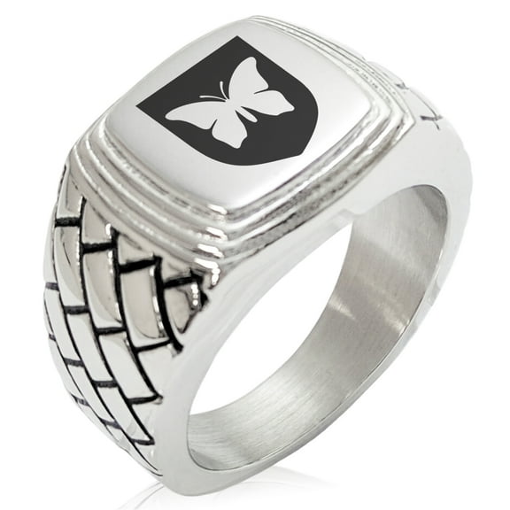 Stainless Steel Butterfly Free Spirit Coat of Arms Shield Geometric Pattern Step-Down Biker Style Polished Ring