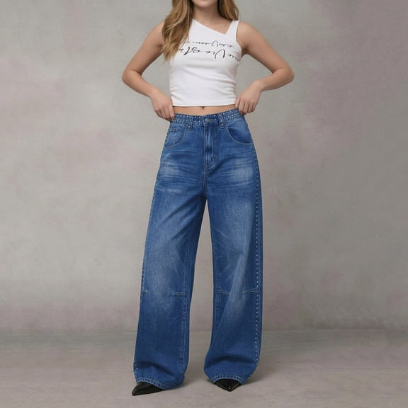 Zivyakyron Baggy Wide Leg Jeans for Women Full Length High Waisted Summer Denim Ladies Jeans Culottes Plain Retro with Beaded Casual Pants