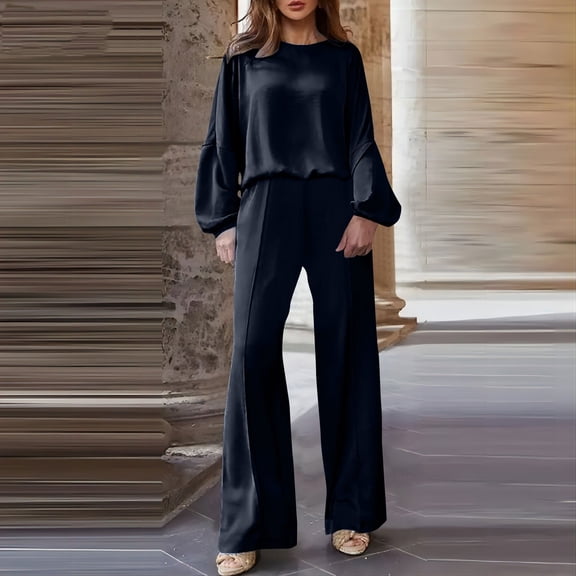 Homenesgenics 2-Piece Lounge Set Women's Fashion Two Piece Solid Color and Linen Loose Casual Suit Blue XXXXL