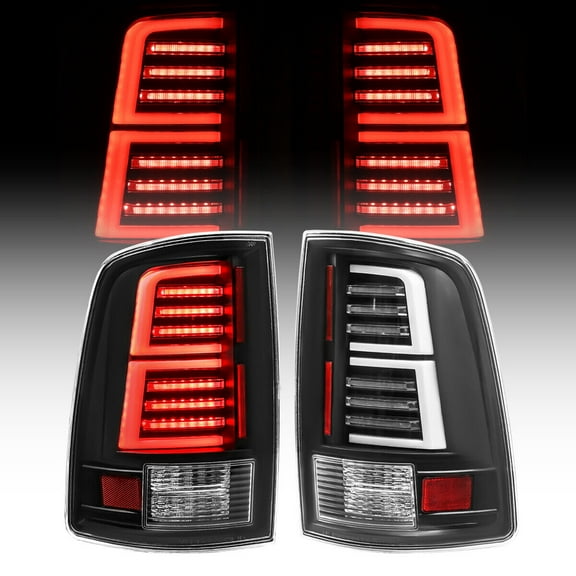 Full LED Tail Lights for 2009-2018 Dodge Ram 1500 2500 3500 Taillights Car Rear Automotive Brake Lamps Assembly Replacement Driver Passenger Side Glossy Black/Clear Lens