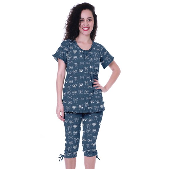 Moomaya Printed CottonNightwearSet For Womens Top & Capri Pant 2 Piece Sleepwear