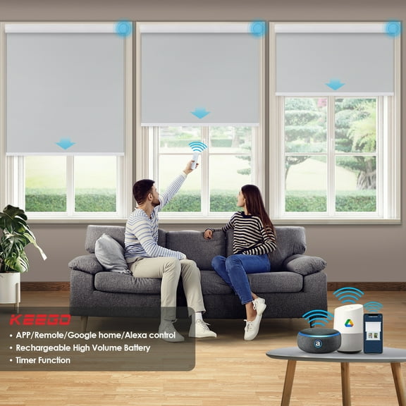 Keego Motorized Shade Remote Control App Control Voice Control Silent Rechargeable Blackout Roller Blinds Auto Window Blinds Grey,42.0"w x 76"h
