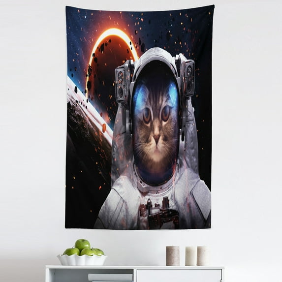 Space Cat Tapestry, Cosmonaut in Comet Galaxy Clusters in Outer Space Cosmos Art Print, Fabric Wall Hanging Decor for Bedroom Living Room Dorm, 5 Sizes, Dark Blue White, by Ambesonne