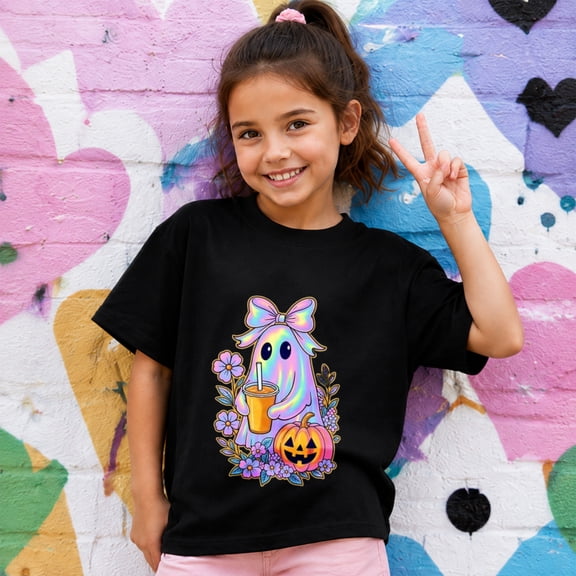 Cute Halloween Shirts for Girl, Colorful Floral Ghost Graphic Short Sleeve T-Shirt