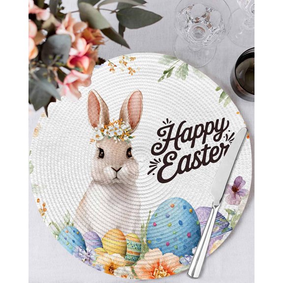 13 Inch Round Placemats Set of 4, Happy Easter Non Slip Heat Insulation PP Table Mats, Spring Watercolor Bunny Eggs Flowers Washable Place Mats for Kitchen Dining Party Table Decor