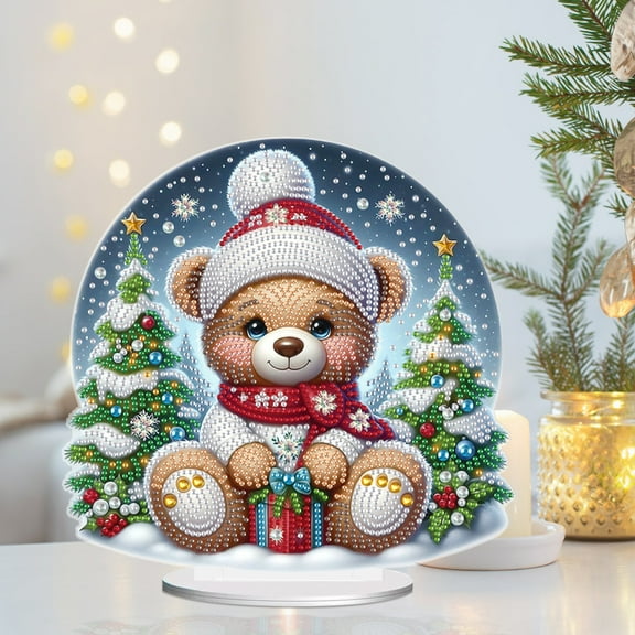 Desktop Diamond Art Painting Kit, Christmas Bear in the Forest DIY Desktop Ornament Decoration, Acrylic Special Shape Diamond Art for Home Decor Ornaments and Gifts