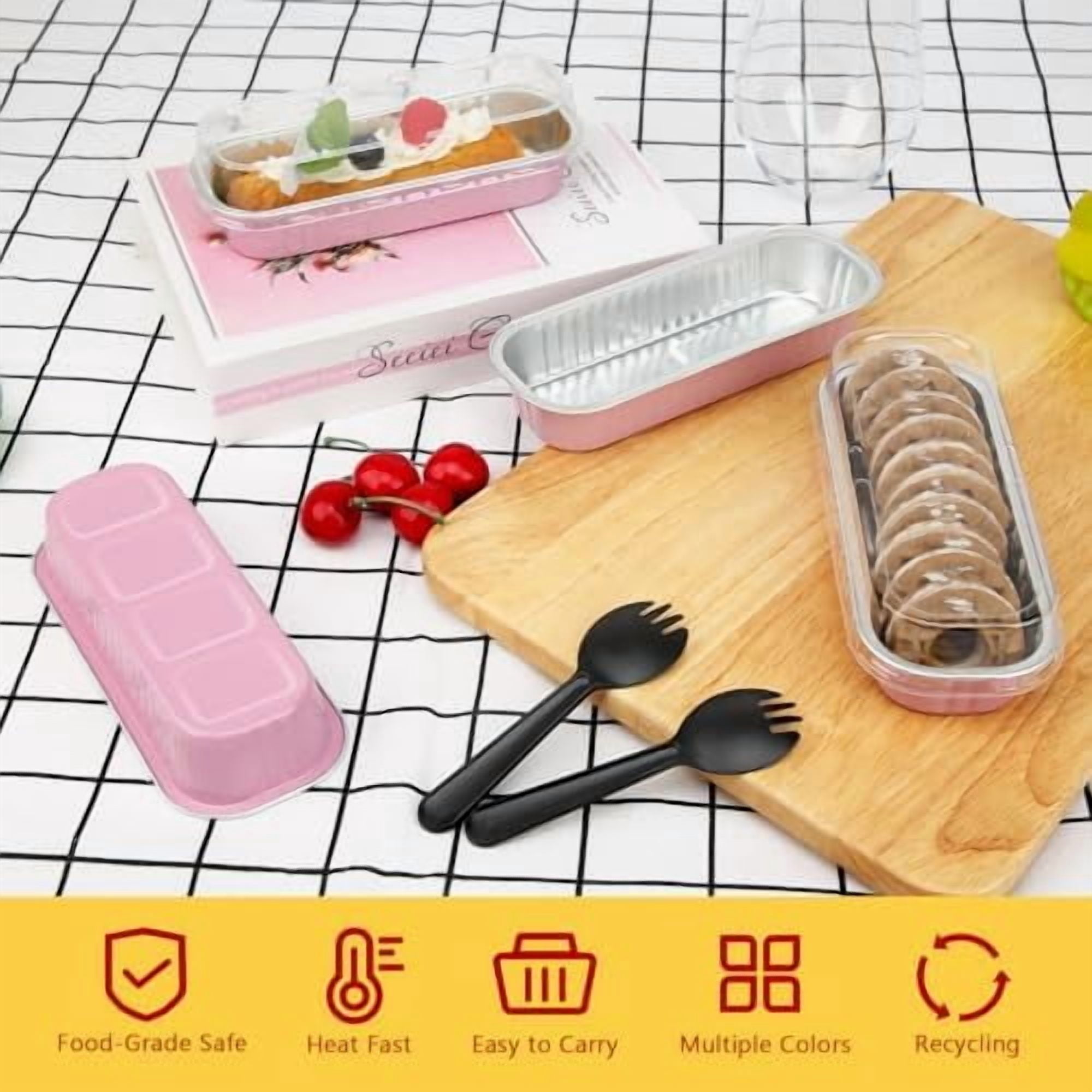 6.8oz Mini Loaf Pans with Lids 100 Pack, Rectangle Aluminum Pans Mini Cake Tins,Disposable Baking Pan Small Cake Containers for Brownie Bread Cheesecake-Pink