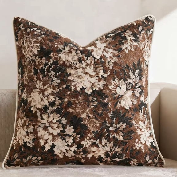 SUSIELADY Floral Throw Pillow Cover 18 x 18 Inches – Vintage Chenille Square Throw Pillow Cover, Soft Decorative Farmhouse Accent for Couch Sofa Living Room Bedroom, 1 Piece, Coffee Brown