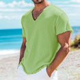 thumbnail image 5 of Bohemian Raw Hem V Neck Mens Short Sleeve Shirt, Fringe Casual Pullover, Skin Friendly Linen Blend Fabric for Seaside Walking Daily Vacation Outfits Light Green S, 5 of 8
