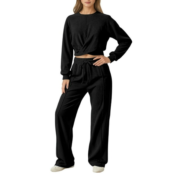 HJYCHN Women's Outfits Set Round Neck Long Sleeve Top and Wide-Leg Pants Fall and Winter Casual Outfits Black M