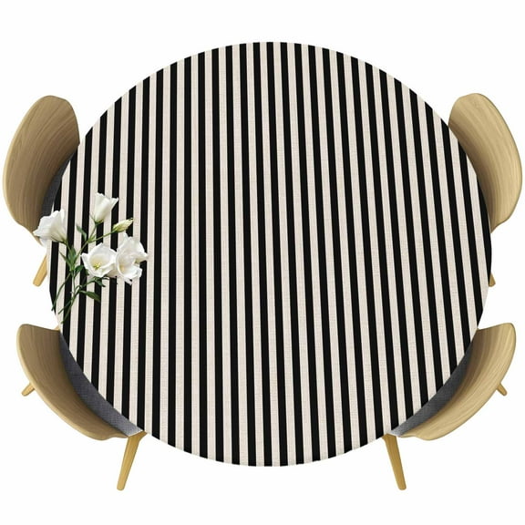 Black Striped Fitted Tablecloth with Elastic Edged, Round Table Cloth for Dining Table, Modern Simple Farmhouse Beige Vintage Waterproof Oil Proof Table Cover for Indoor Outdoor 36"-44"