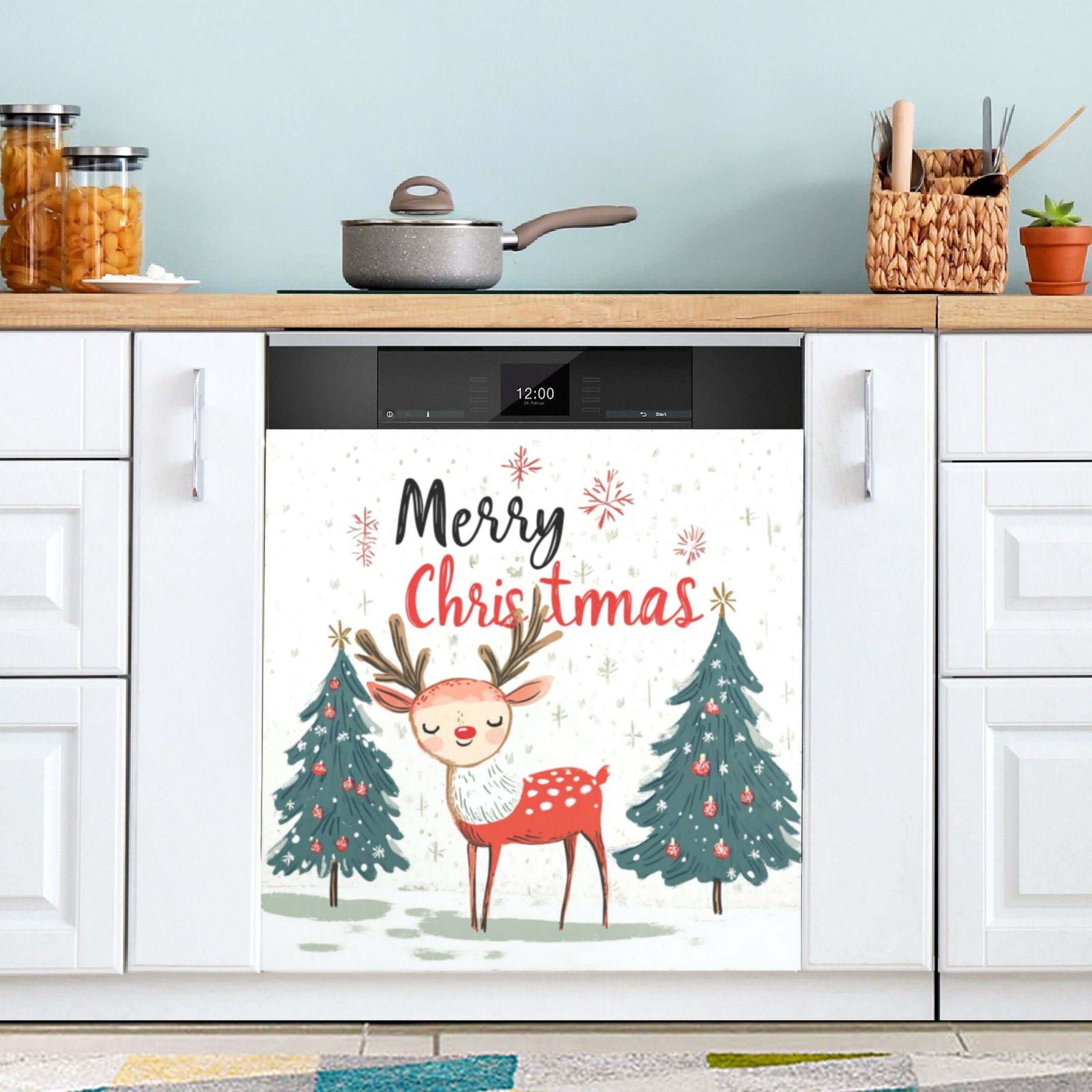 Dishwasher Magnetic Sticker 23x26 Inch Refrigerator Magnetic Sticker Washing Machine Magnetic Sticker Kitchen Panel Magnetic Sticker Home Decor Christmas Smiling Deer Picture