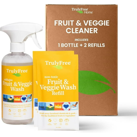 Truly Free Natural Fruit and Veggie Wash Kit - Produce Cleaner Spray (16oz Reusable Empty Bottle Two Pouches, 3oz ea.) - DIY Vegetable Washer & Fruit Cleanser