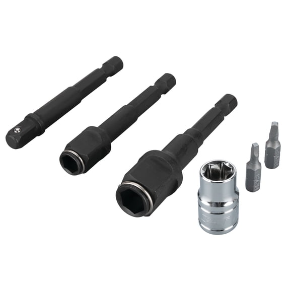 Performance Tool W2963 6 pc. 2-in-1 Socket Adapter Set: Switch between Sockets and Hex Bits: External 1/4, 3/8, 1/2-in Square Drive Adapters, 1/4 and 5/16-in Hex Drivers, Chrome Vanadium Steel, Black