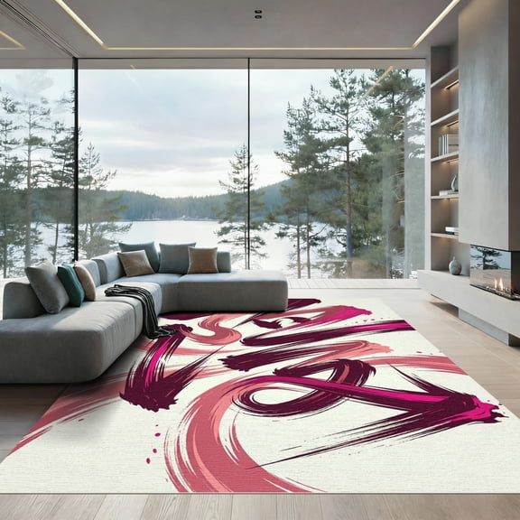 ODIKA 4'x6' Machine Washable Non-Slip Area Rug, Abstract Black High Traffic Rug, Pink, 974730