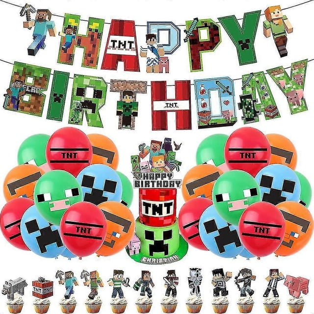 Kit de suministros para fiesta temática de Minecraft, globos, pancartas, adornos para pasteles y decoraciones.