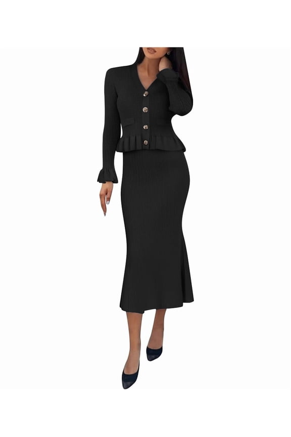 Women 2 Piece Sweater Sets Long Sleeve Ruffle Knit Sets Button Down Cardigan and Midi Skirt Winter Sets