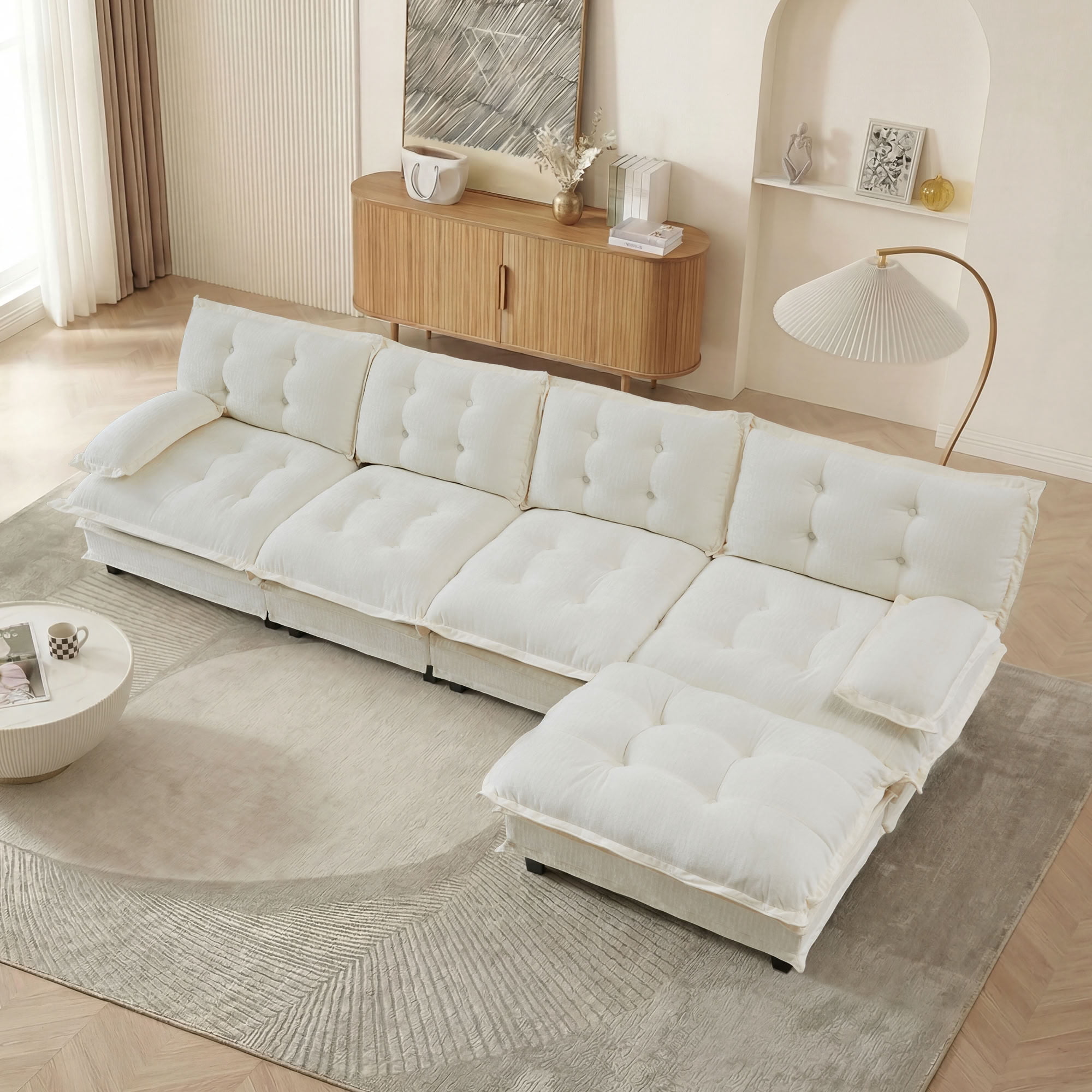 MAYEERTY 138 Inch L-Shaped Sectional Sofa with Ottoman, 4-Seater Deep Seat Modular Couch for Living Room Bedroom Apartment