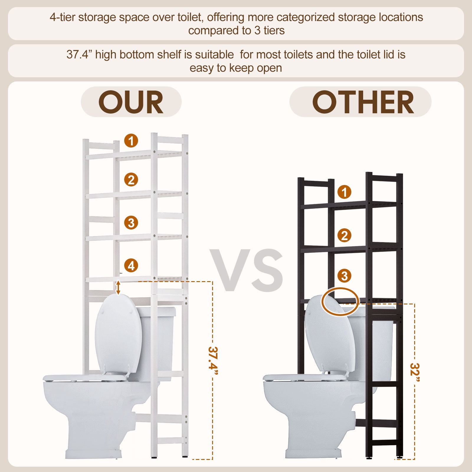 Enogets Over the Toilet Storage, Bamboo Bathroom Shelf Organizer with 2 Baskets & 4 Hooks, 4-Tier Space Saver