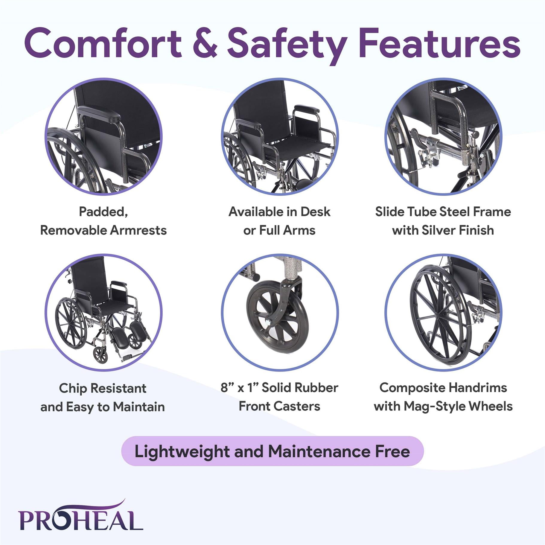 ProHeal Premium 18” Reclining Wheelchair with Elevating Legrests, Headrest Support, Removable Desk Arms, - 300LB Capacity