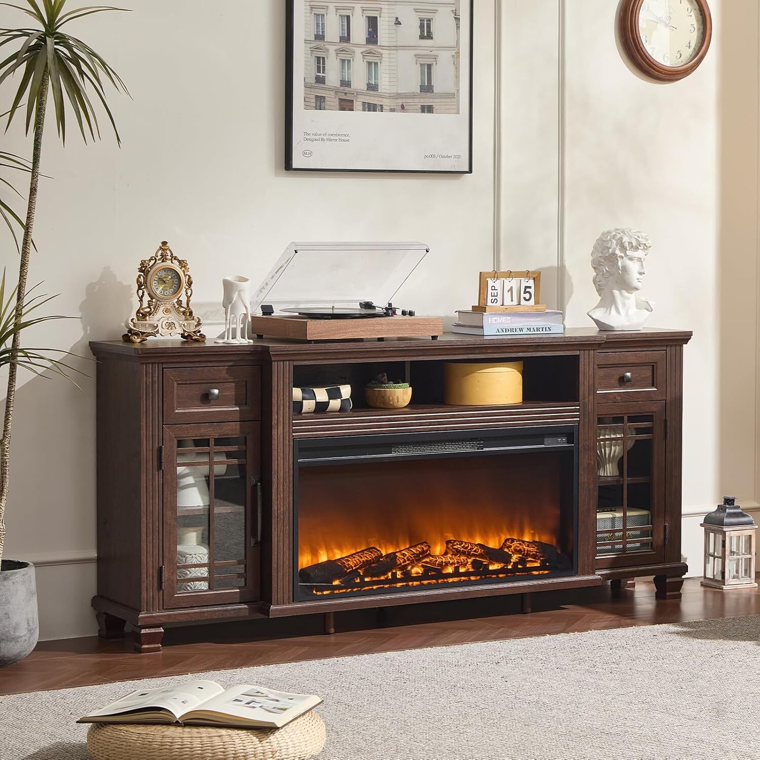 70" Fireplace TV Stand, Up to 80 inch, Entertainment Center with Electric Fireplace, Storage Cabinets, Open Shelves and Drawers, Media Console for Living Room, Walnut