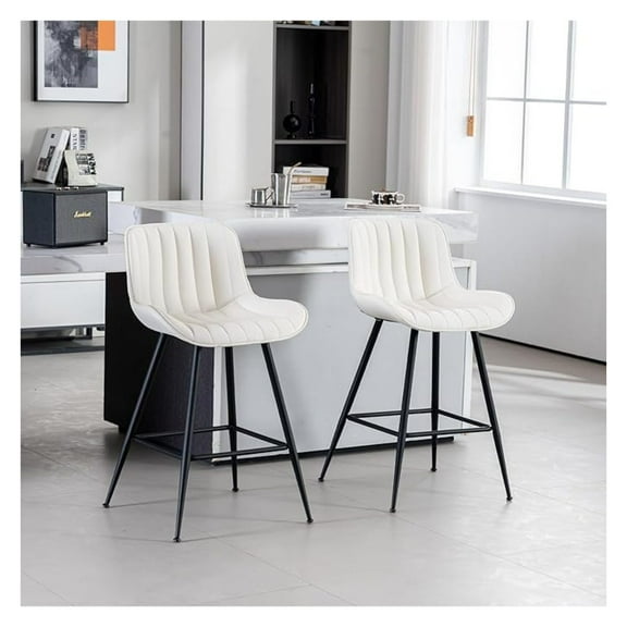Counter Height Bar Stools Set of 2, White Faux Leather Barstools with Back & Footrest, 24” Metal Leg Kitchen Island Chairs