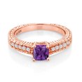 thumbnail image 2 of Gem Stone King 0.80 Ct Princess Cut Purple Amethyst White Created Sapphire 18K Rose Gold Plated Silver Ring (Size 5), 2 of 5