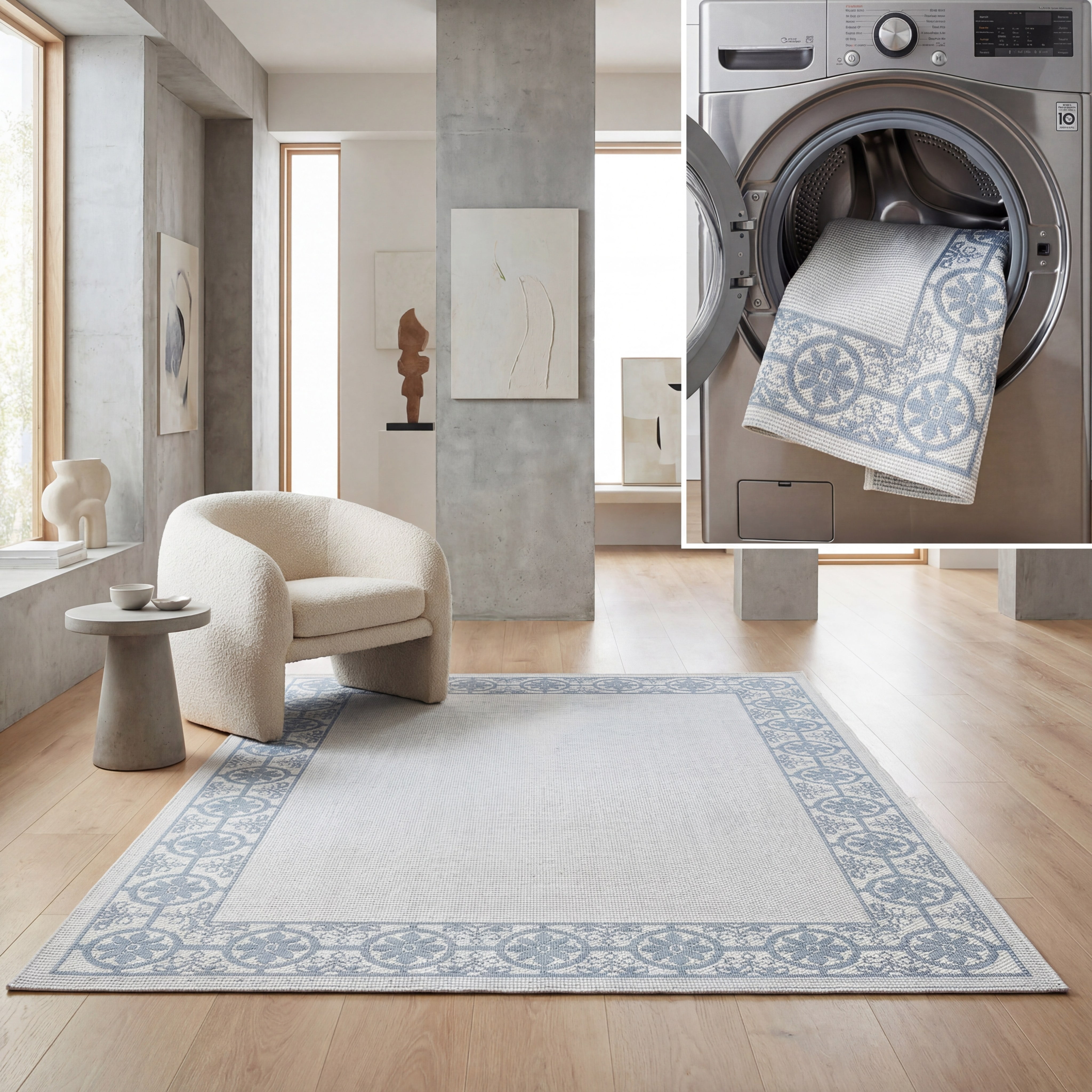SAFAVIEH Machine Washable Rug Indoor/Outdoor Bermuda Collection - Bermuda Zoey Floral Bordered Indoor/Outdoor Area Rug Ivory/Light Blue, 6'7" x 6'7" Square