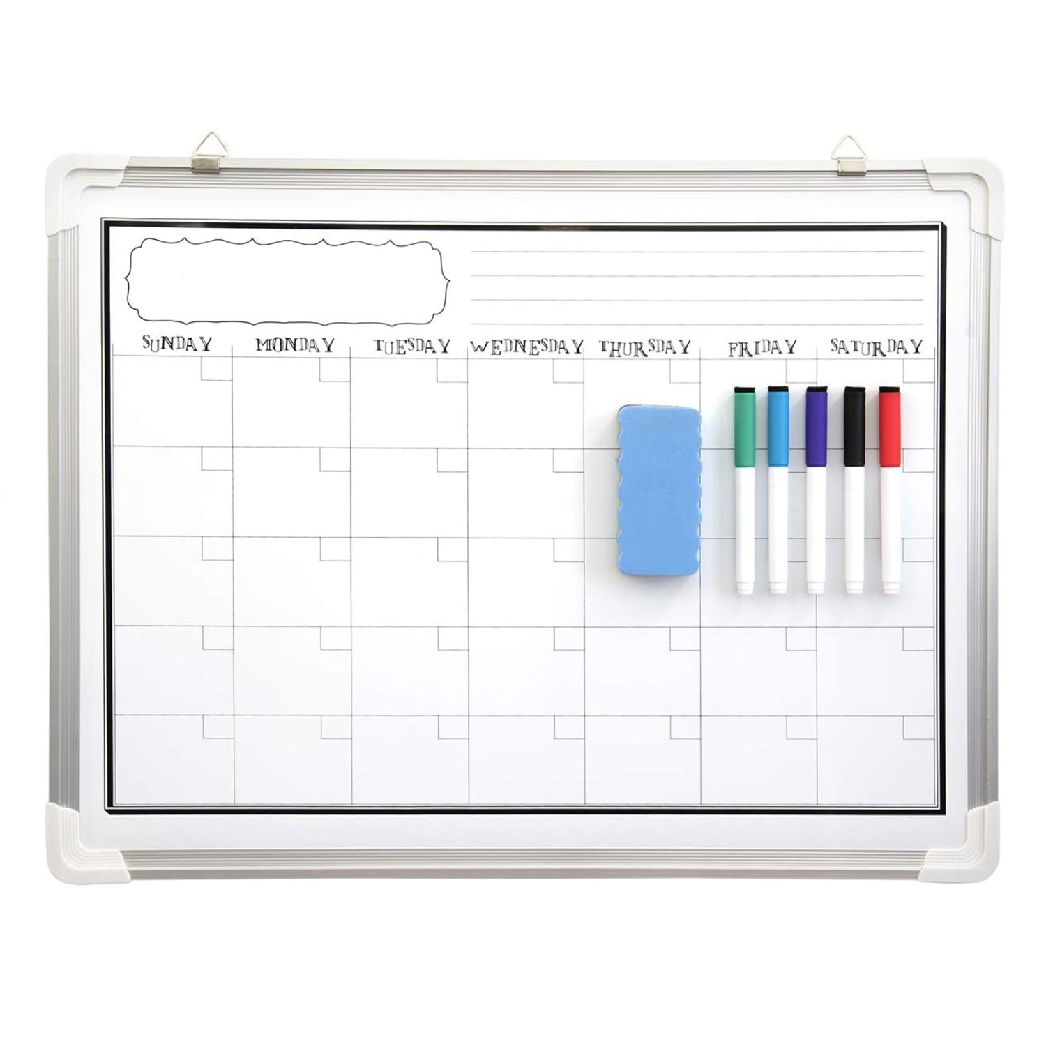Dry Erase Calendar Whiteboard with 5 Markers & Eraser White